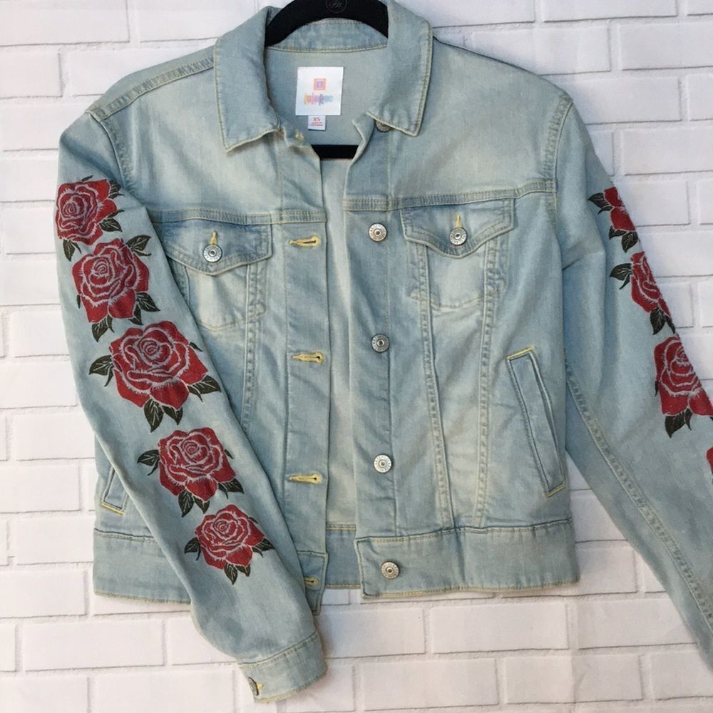 LuLaRoe Denim jacket with rose embroidery Size XS